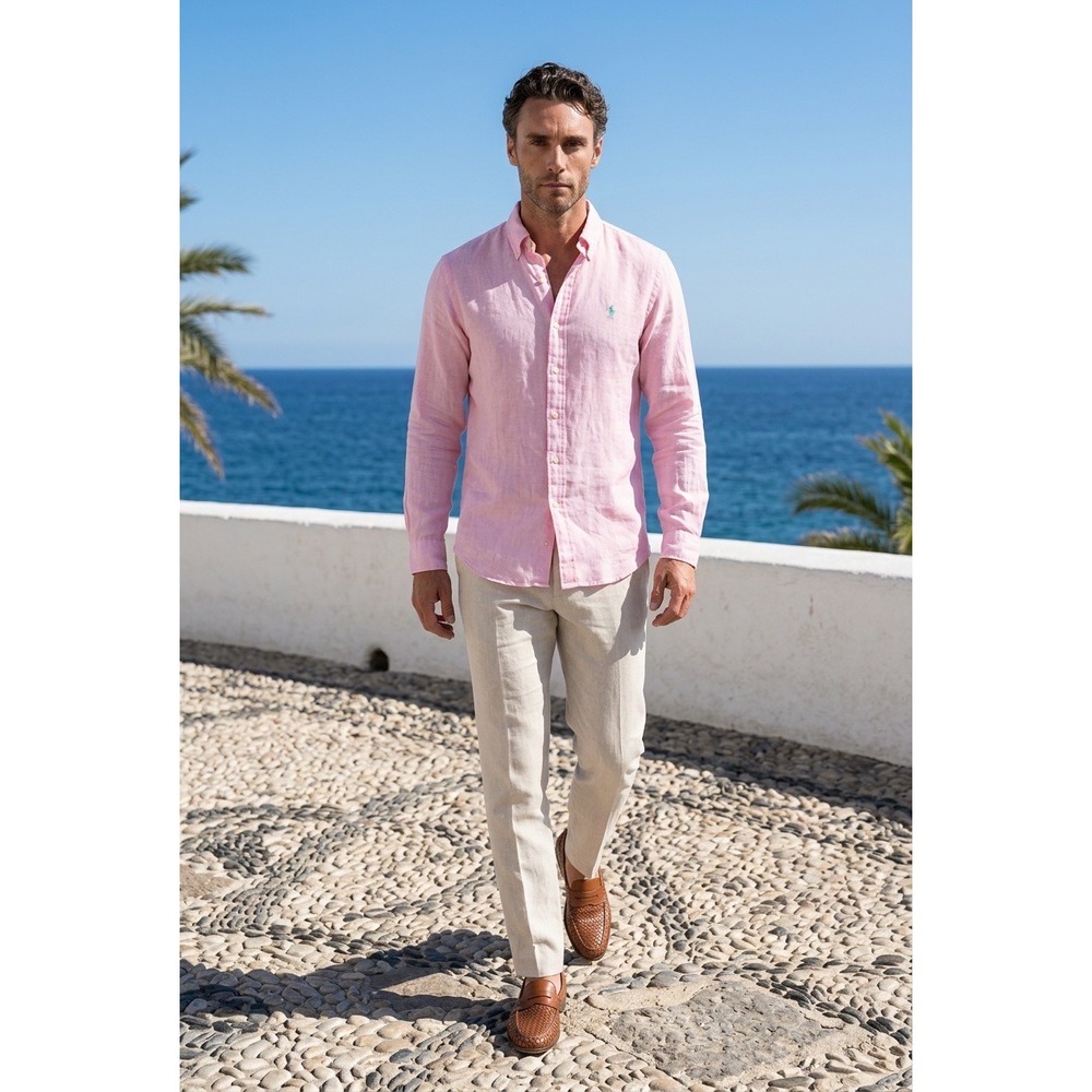 Polo Ralph Lauren Mens Pink 100% Linen Shirt RL Untucked Fit Small Long Sleeve